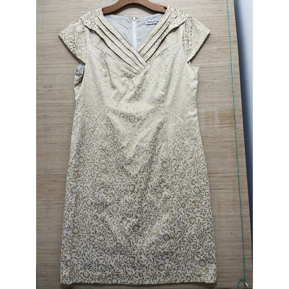 Pendleton Dress Womens Medium Gold White Floral Brocade Cap Sleeve V Neck Lined